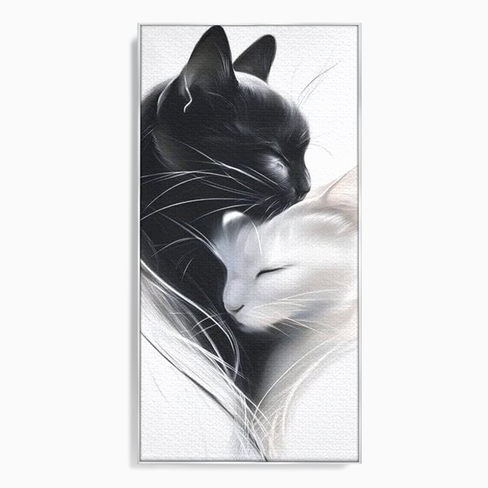 Tablou canvas cu tablou canvas cu pisici alb si negru, in rama de aluminiu argintiu